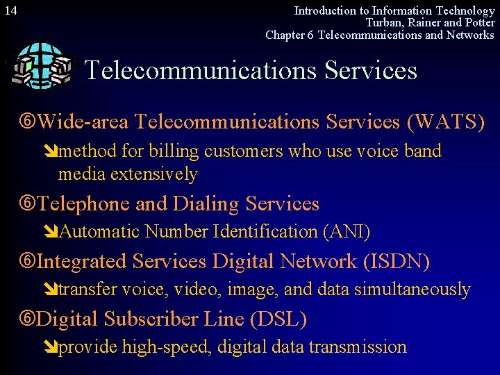 14 Introduction to Information Technology Turban, Rainer and Potter Chapter 6 Telecommunications and Networks