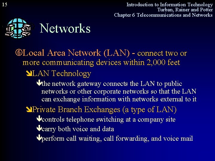 15 Introduction to Information Technology Turban, Rainer and Potter Chapter 6 Telecommunications and Networks