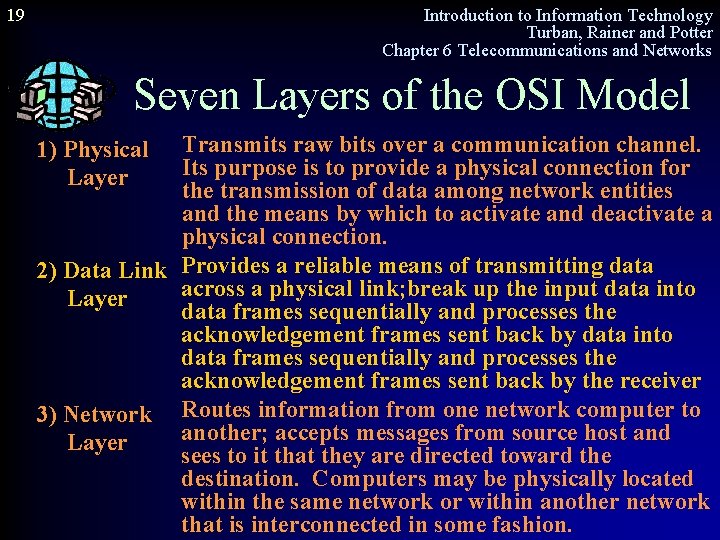 19 Introduction to Information Technology Turban, Rainer and Potter Chapter 6 Telecommunications and Networks