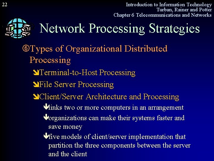 22 Introduction to Information Technology Turban, Rainer and Potter Chapter 6 Telecommunications and Networks