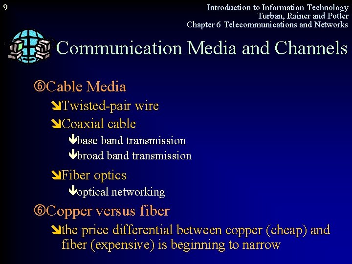 9 Introduction to Information Technology Turban, Rainer and Potter Chapter 6 Telecommunications and Networks