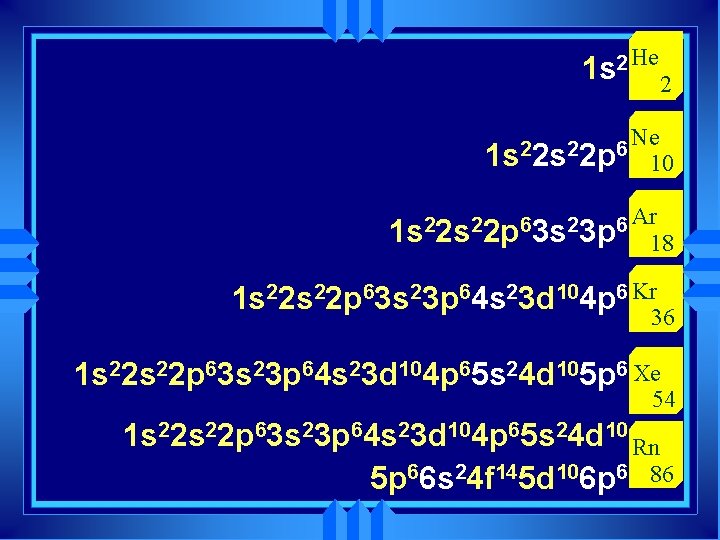 1 s 2 He 2 1 s 22 p 6 Ne 10 Ar 2