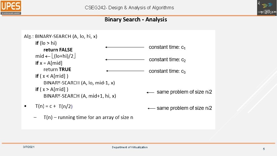 CSEG 242 - Design & Analysis of Algorithms Binary Search - Analysis 3/7/2021 Department
