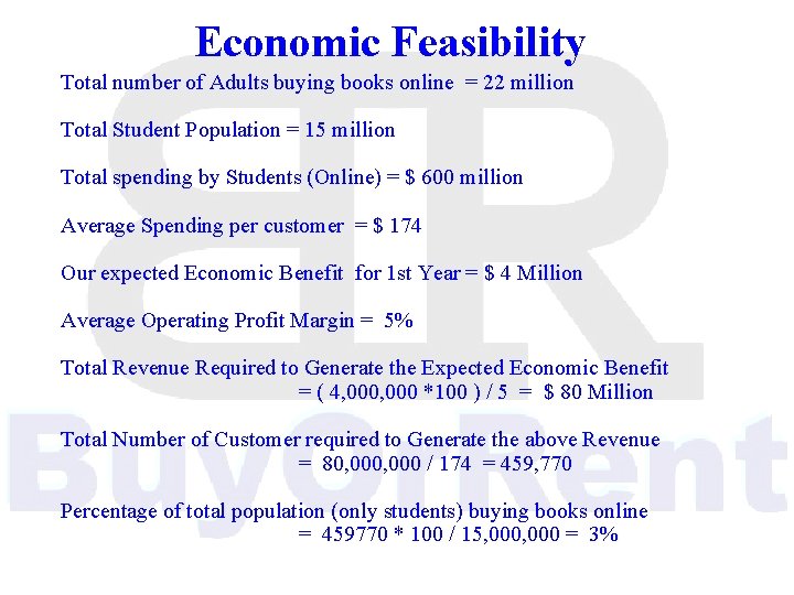 Economic Feasibility Total number of Adults buying books online = 22 million Total Student