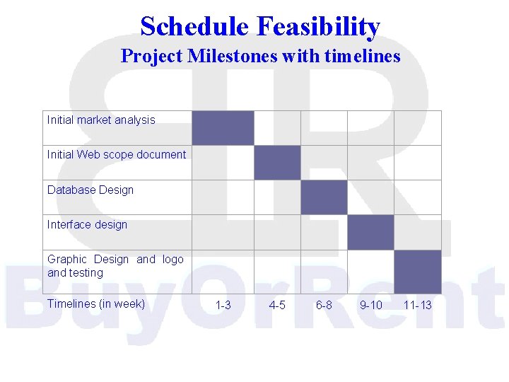 Schedule Feasibility Project Milestones with timelines Initial market analysis Initial Web scope document Database