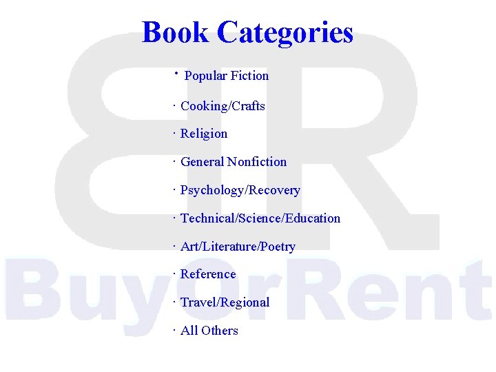 Book Categories · Popular Fiction · Cooking/Crafts · Religion · General Nonfiction · Psychology/Recovery