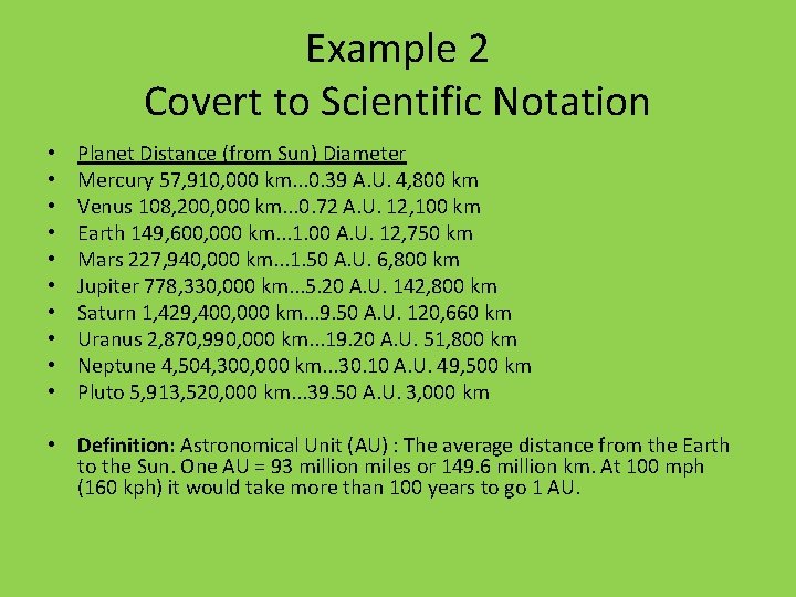 Example 2 Covert to Scientific Notation • • • Planet Distance (from Sun) Diameter