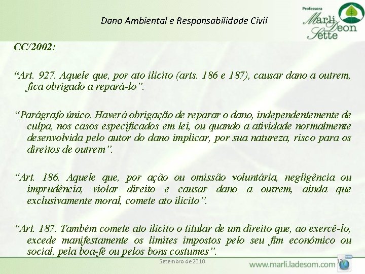 Dano Ambiental e Responsabilidade Civil CC/2002: “Art. 927. Aquele que, por ato ilícito (arts.