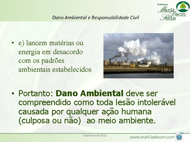 Dano Ambiental e Responsabilidade Civil • e) lancem matérias ou energia em desacordo com