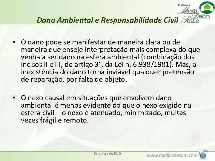 Dano Ambiental e Responsabilidade Civil • O dano pode se manifestar de maneira clara