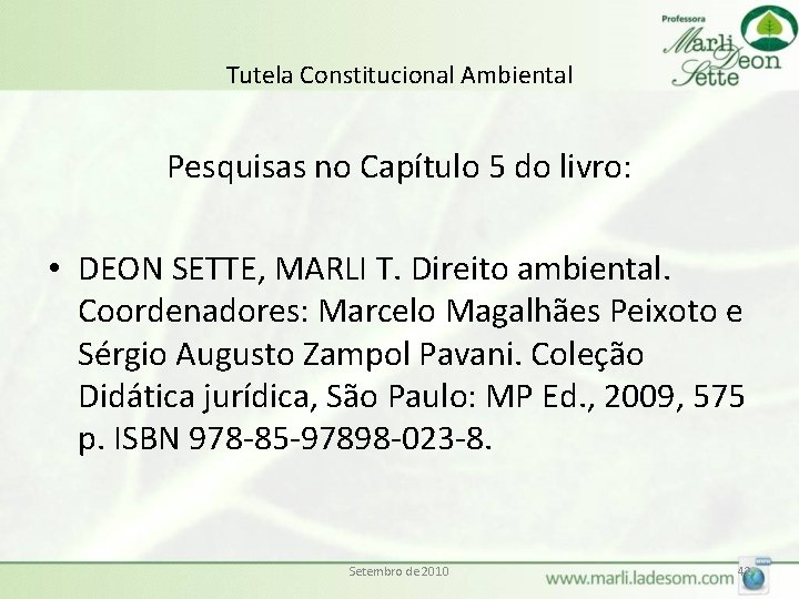 Tutela Constitucional Ambiental Pesquisas no Capítulo 5 do livro: • DEON SETTE, MARLI T.