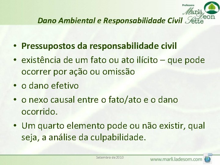 Dano Ambiental e Responsabilidade Civil • Pressupostos da responsabilidade civil • existência de um