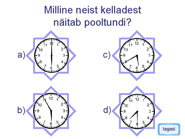 Milline neist kelladest näitab pooltundi? a) c) b) d) tagasi 