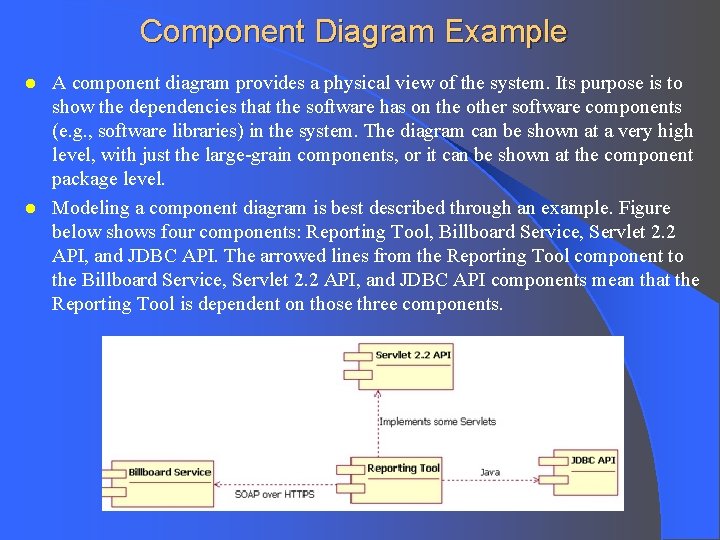 Component Diagram Example A component diagram provides a physical view of the system. Its