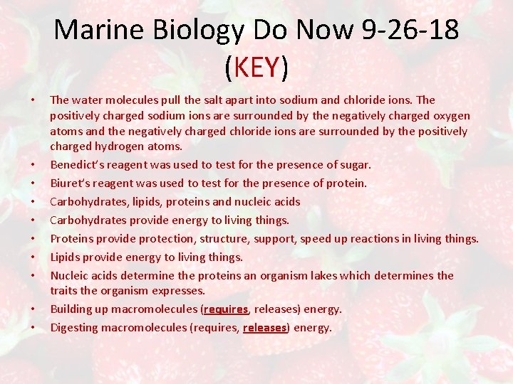 Marine Biology Do Now 9 -26 -18 (KEY) • • • The water molecules