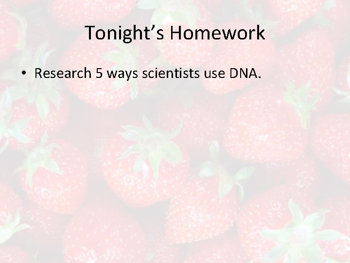 Tonight’s Homework • Research 5 ways scientists use DNA. 