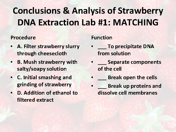 Conclusions & Analysis of Strawberry DNA Extraction Lab #1: MATCHING Procedure Function • A.