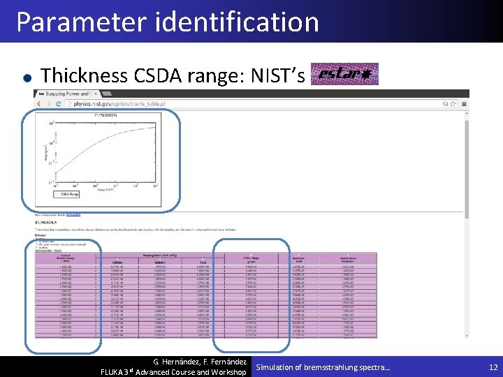 Parameter identification Thickness CSDA range: NIST’s G. Hernández, F. Fernández FLUKA 3 rd Advanced