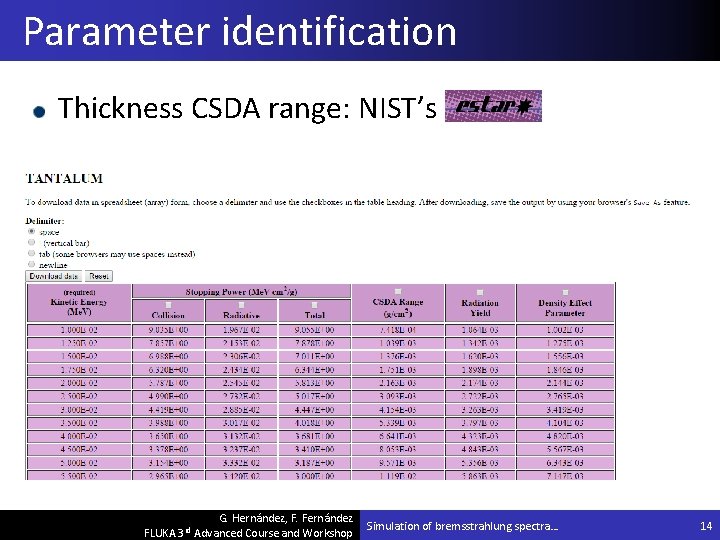 Parameter identification Thickness CSDA range: NIST’s G. Hernández, F. Fernández FLUKA 3 rd Advanced