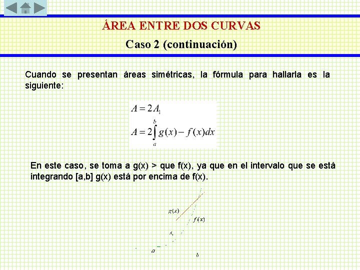 ÁREA ENTRE DOS CURVAS Caso 2 (continuación) Cuando se presentan áreas simétricas, la fórmula