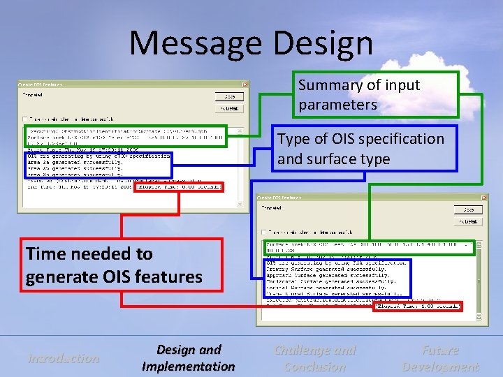 Message Design Summary of input parameters Type of OIS specification and surface type Time