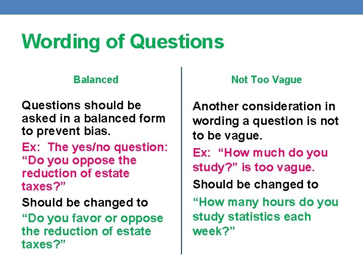 Wording of Questions Balanced Not Too Vague Questions should be asked in a balanced