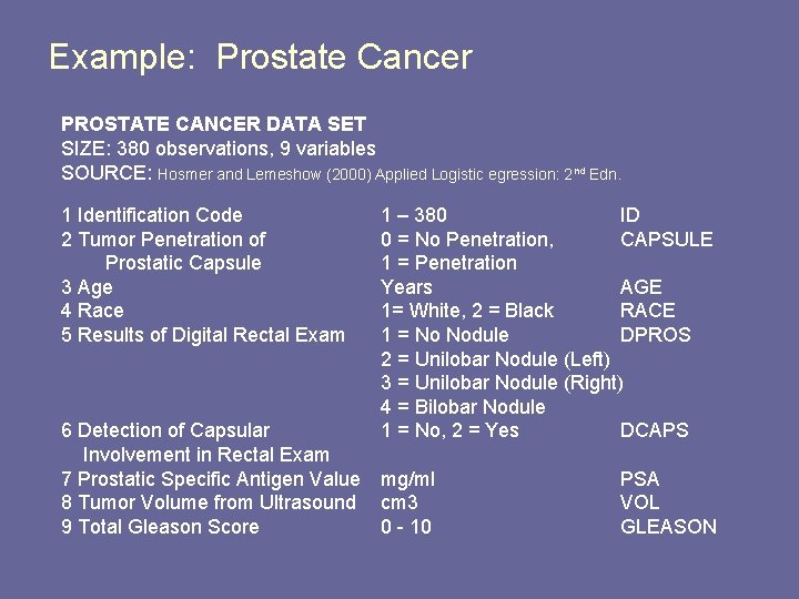 Example: Prostate Cancer PROSTATE CANCER DATA SET SIZE: 380 observations, 9 variables SOURCE: Hosmer
