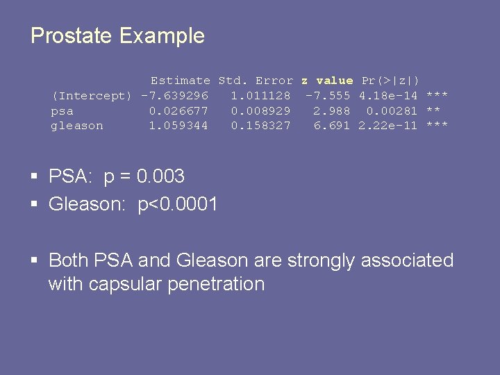Prostate Example Estimate Std. Error z value Pr(>|z|) (Intercept) -7. 639296 1. 011128 -7.