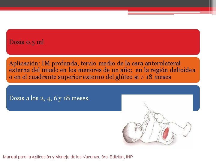 Dosis 0. 5 ml Aplicación: IM profunda, tercio medio de la cara anterolateral externa