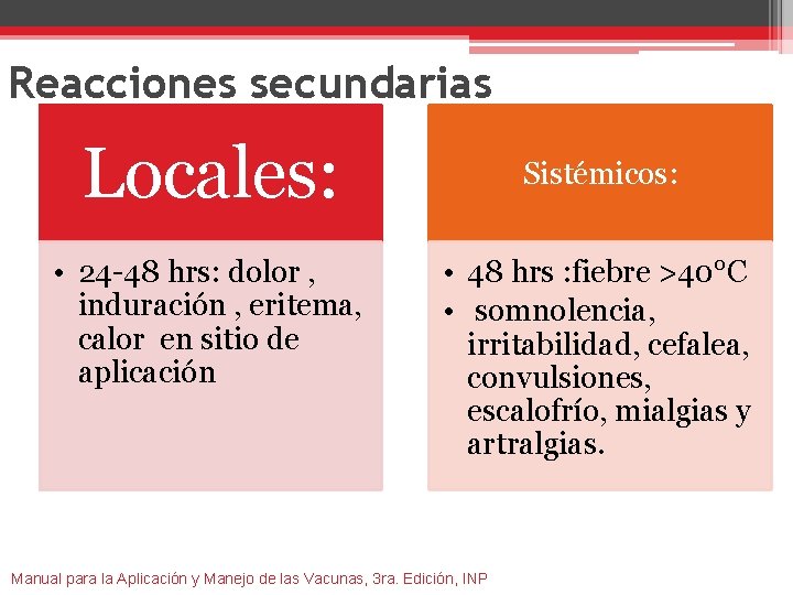 Reacciones secundarias Locales: • 24 -48 hrs: dolor , induración , eritema, calor en