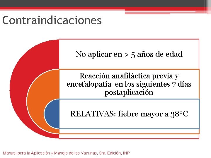 Contraindicaciones No aplicar en > 5 años de edad Reacción anafiláctica previa y encefalopatía