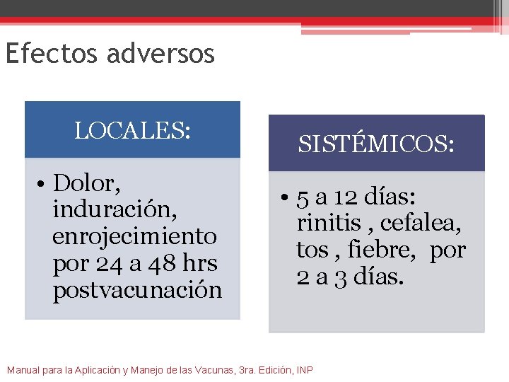 Efectos adversos LOCALES: • Dolor, induración, enrojecimiento por 24 a 48 hrs postvacunación SISTÉMICOS: