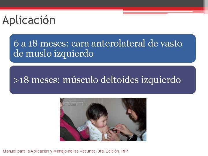 Aplicación 6 a 18 meses: cara anterolateral de vasto de muslo izquierdo >18 meses: