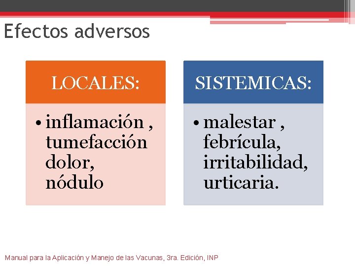 Efectos adversos LOCALES: SISTEMICAS: • inflamación , tumefacción dolor, nódulo • malestar , febrícula,