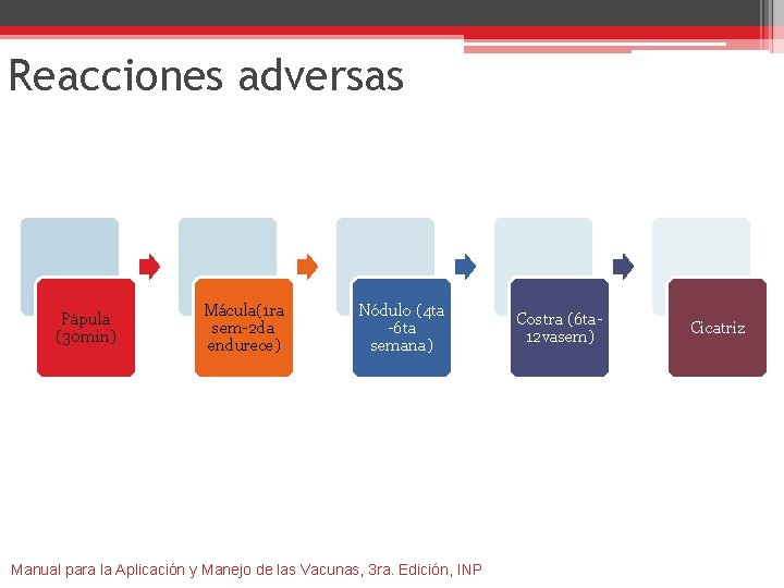 Reacciones adversas Pápula (30 min) Mácula(1 ra sem-2 da endurece) Nódulo (4 ta -6