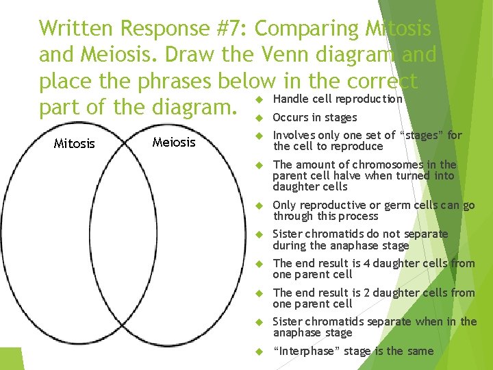Written Response #7: Comparing Mitosis and Meiosis. Draw the Venn diagram and place the