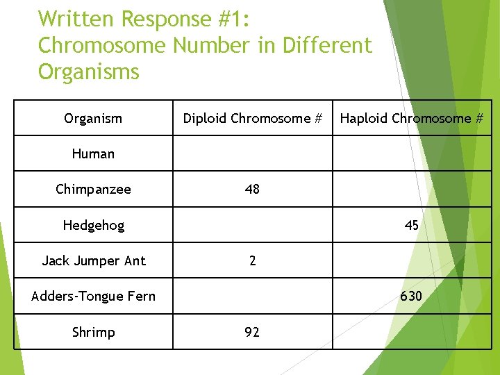 Written Response #1: Chromosome Number in Different Organisms Organism Diploid Chromosome # Haploid Chromosome