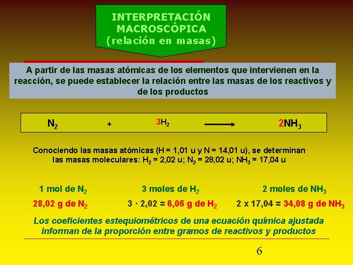INTERPRETACIÓN MACROSCÓPICA (relación en masas) A partir de las masas atómicas de los elementos