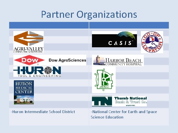 Partner Organizations -Huron Intermediate School District -National Center for Earth and Space Science Education