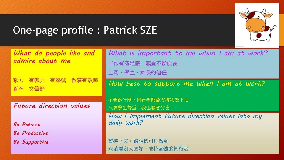 One-page profile : Patrick SZE What do people like and admire about me What
