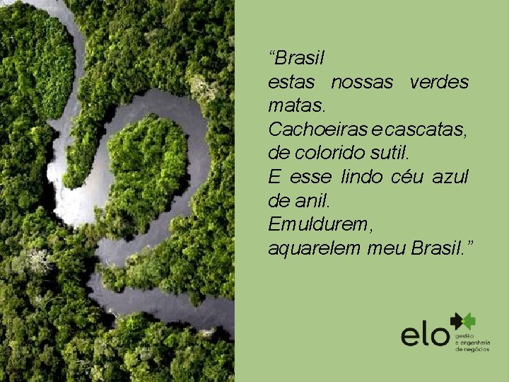 “Brasil estas nossas verdes matas. Cachoeiras e cascatas, de colorido sutil. E esse lindo