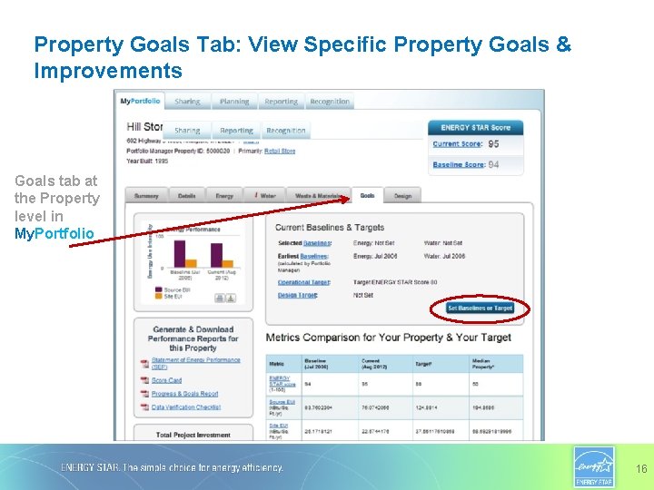 Property Goals Tab: View Specific Property Goals & Improvements Goals tab at the Property