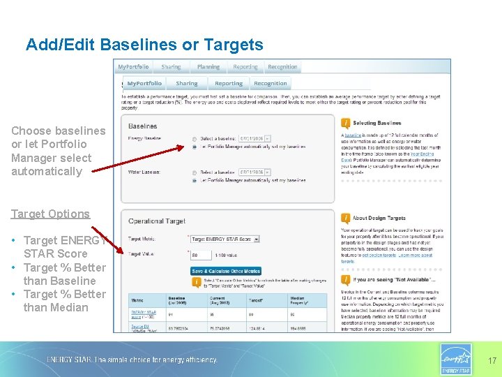 Add/Edit Baselines or Targets Choose baselines or let Portfolio Manager select automatically Target Options