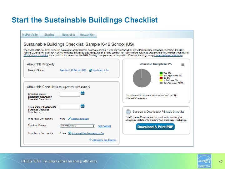 Start the Sustainable Buildings Checklist 42 