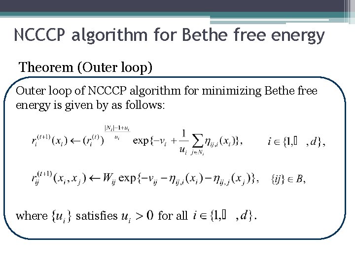 NCCCP algorithm for Bethe free energy Theorem (Outer loop) Outer loop of NCCCP algorithm