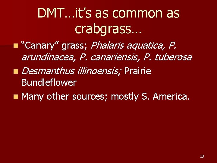 DMT…it’s as common as crabgrass… n “Canary” grass; Phalaris aquatica, P. arundinacea, P. canariensis,