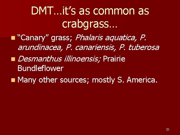 DMT…it’s as common as crabgrass… n “Canary” grass; Phalaris aquatica, P. arundinacea, P. canariensis,