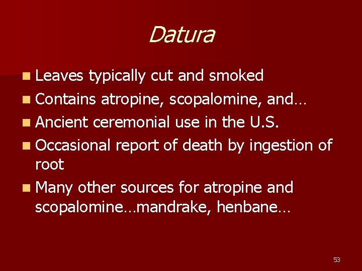 Datura n Leaves typically cut and smoked n Contains atropine, scopalomine, and… n Ancient