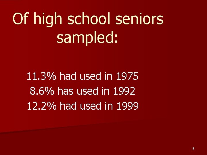 Of high school seniors sampled: 11. 3% had used in 1975 8. 6% has