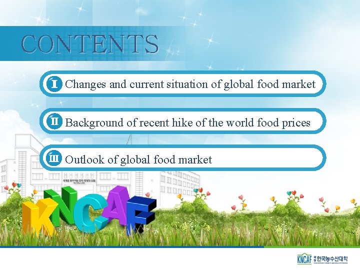 CONTENTS Changes and current situation of global food market Background of recent hike of